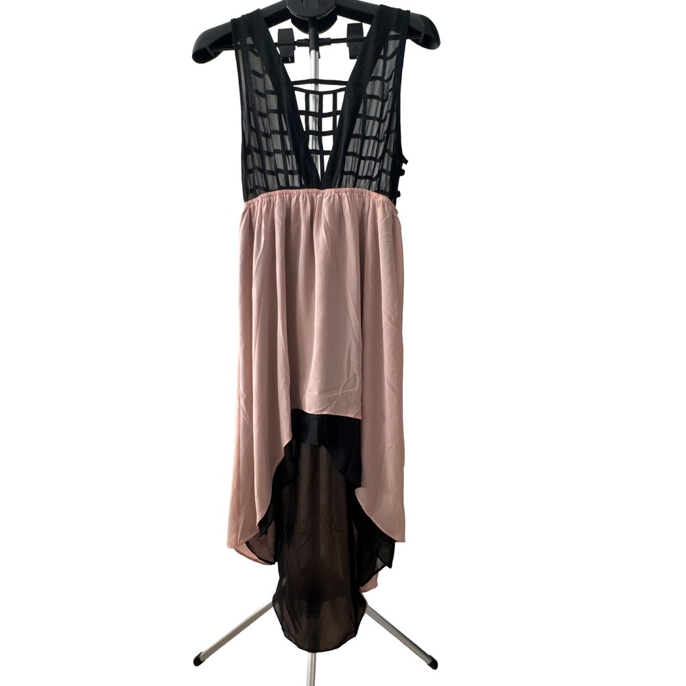 Umgee High Low Chiffon Dress Sheer Mesh Bodice Blush Pink Black Sleeveless Large